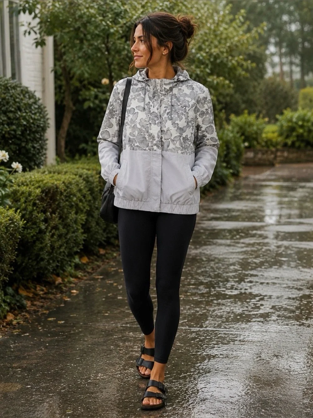 Tory Burch Floral Hooded Windbreaker Jacket Gray White Size 2 Lightweight